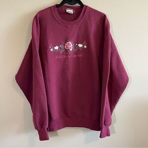 ✨Jerzees Maroon Estes Park Colorado Floral Embroidered Crewneck Sweatshirt Large